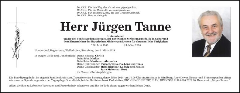 Traueranzeige Jürgen Tanne