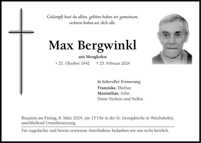 Traueranzeige Max Bergwinkl