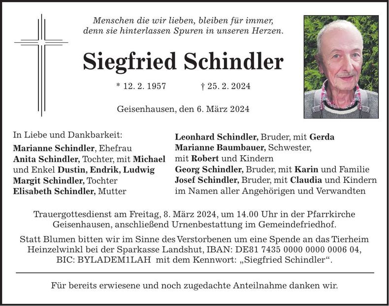 Traueranzeige Siegfried Schindler