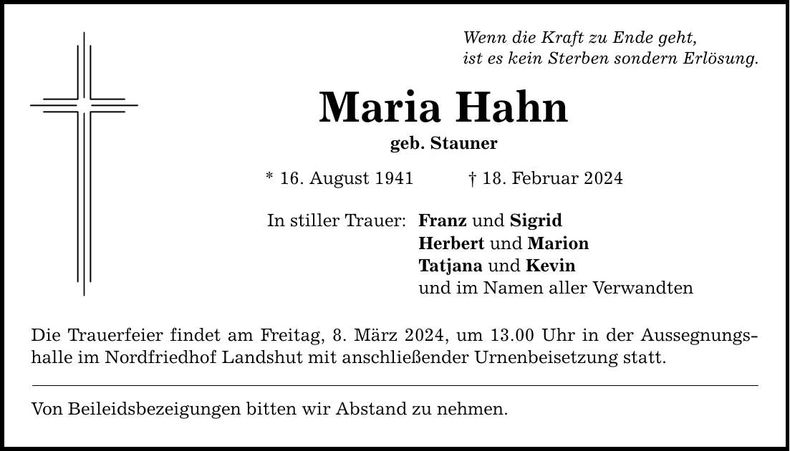 Traueranzeige Maria Hahn