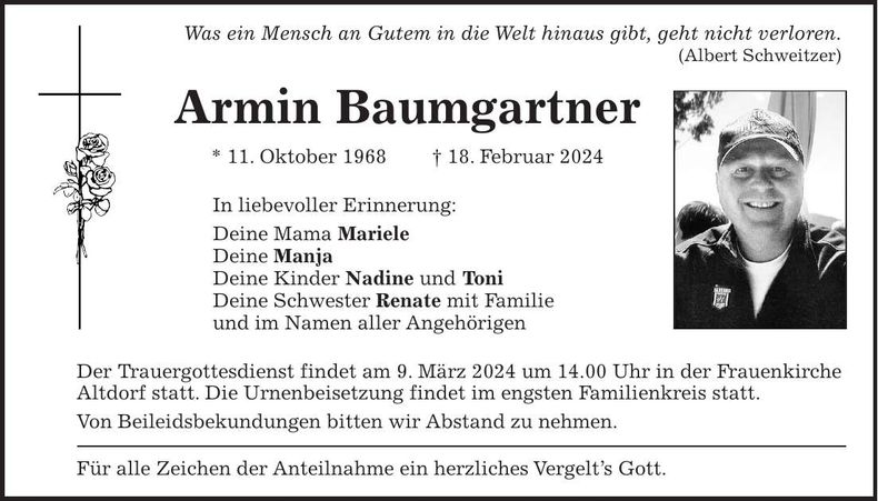 Traueranzeige Armin Baumgartner
