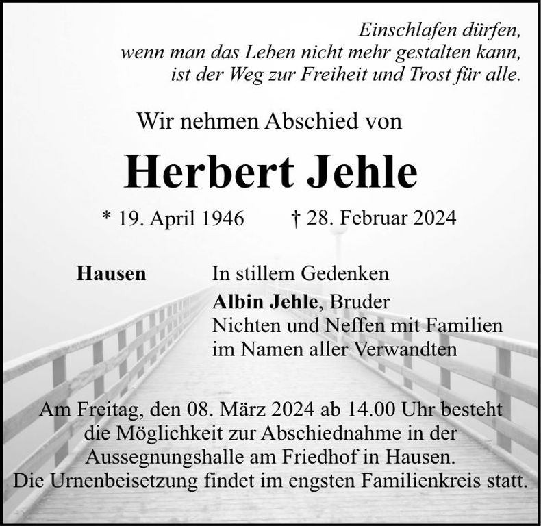 Traueranzeige Herbert Jehle