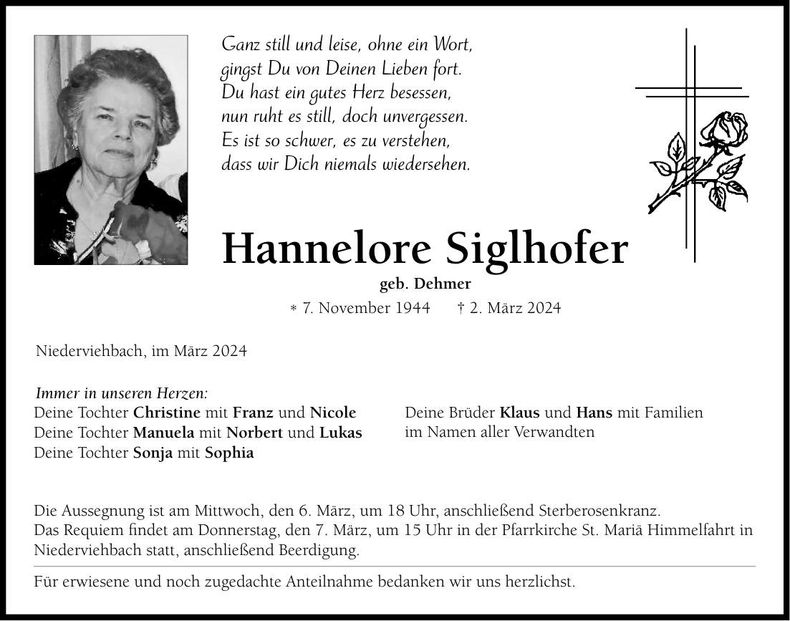 Traueranzeige Hannelore Siglhofer