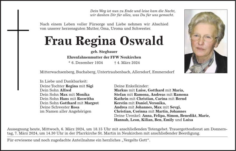 Traueranzeige Oswald Regina