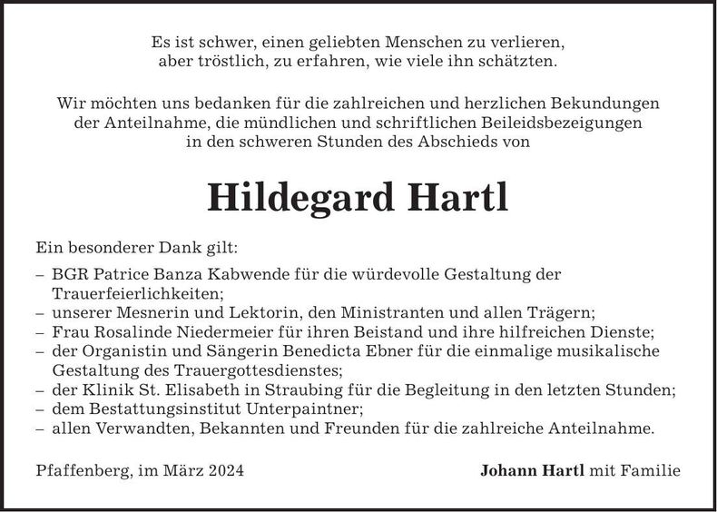 Traueranzeige Hildegard Hartl