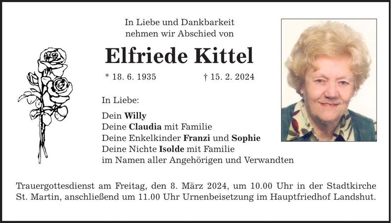 Traueranzeige Elfriede Kittel