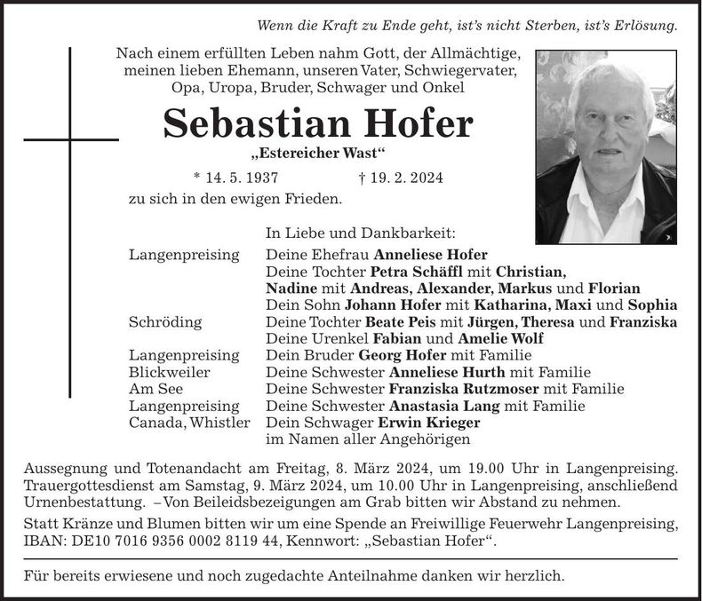 Traueranzeige Sebastian Hofer