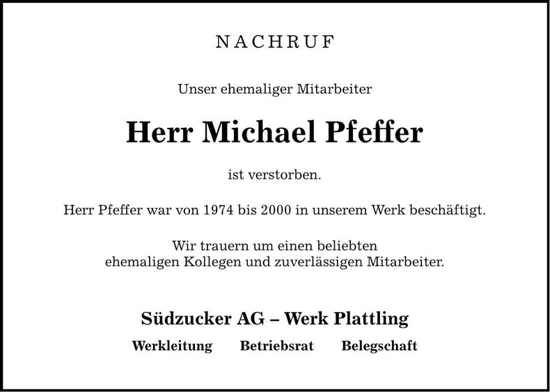Traueranzeige Michael Pfeffer
