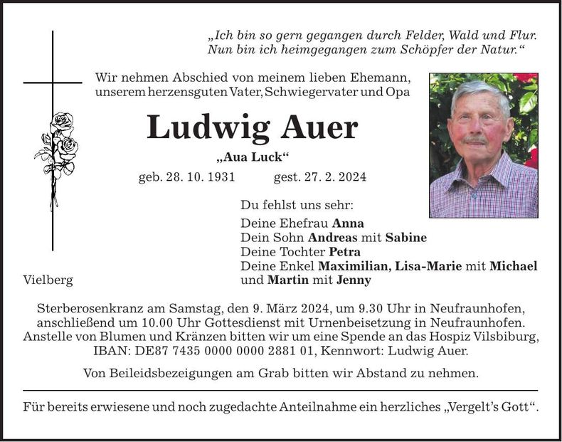 Traueranzeige Ludwig Auer