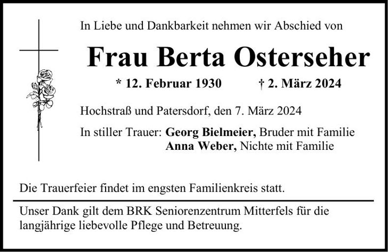 Traueranzeige Berta Osterseher