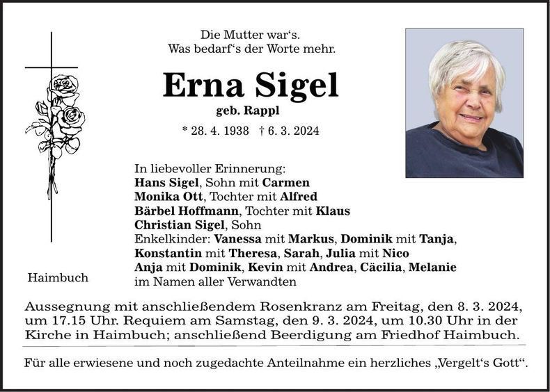 Traueranzeige Erna Sigel