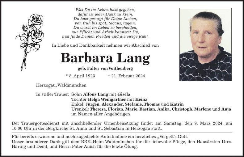 Traueranzeige Barbara Lang