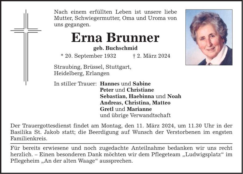 Traueranzeige Erna Brunner