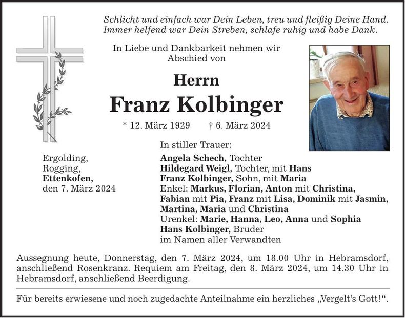 Traueranzeige Franz Kolbinger