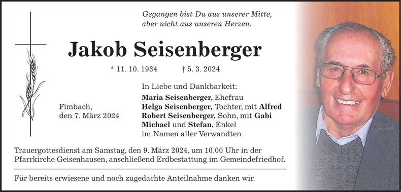 Traueranzeige Jakob Seisenberger
