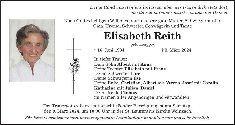 Traueranzeige Elisabeth Reith