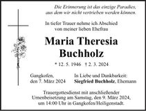 Traueranzeige Maria Theresia Buchholz