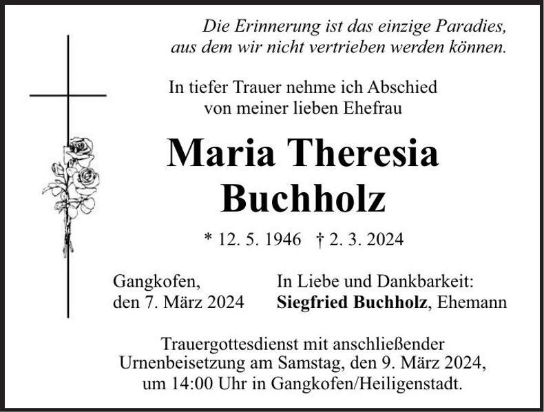 Traueranzeige Maria Theresia Buchholz