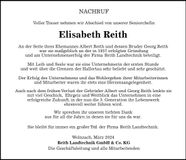 Traueranzeige Elisabeth Reith