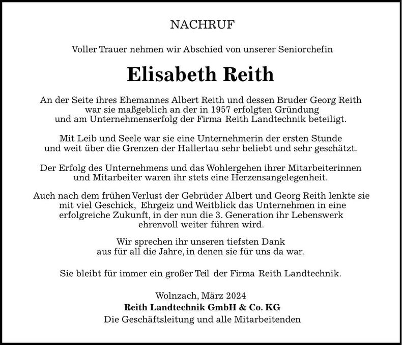 Traueranzeige Elisabeth Reith
