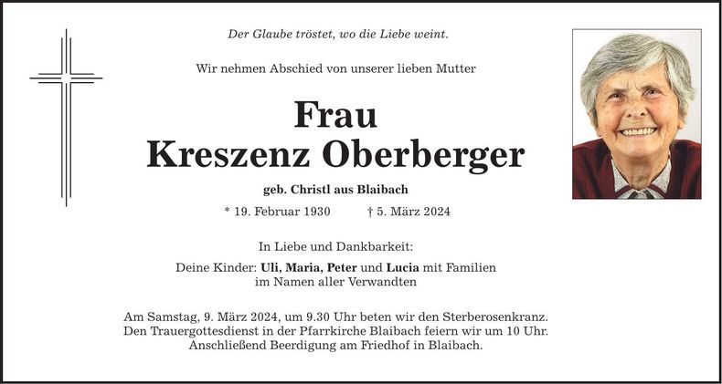 Traueranzeige Kreszenz Oberberger