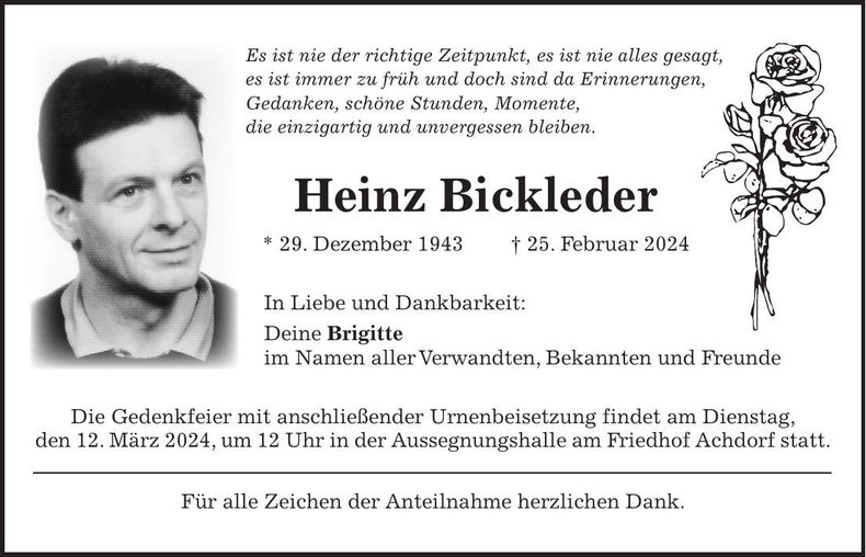 Traueranzeige Heinz Bickleder