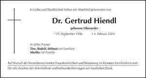 Traueranzeige Gertrud Dr. Hiendl