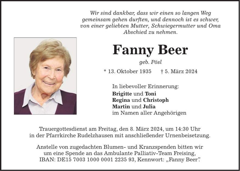 Traueranzeige Fanny Beer