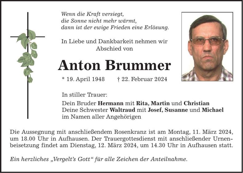 Traueranzeige Anton Brummer