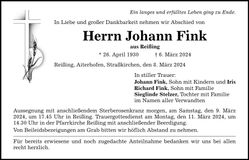 Traueranzeige Johann Fink