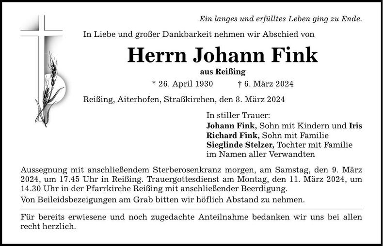 Traueranzeige Johann Fink