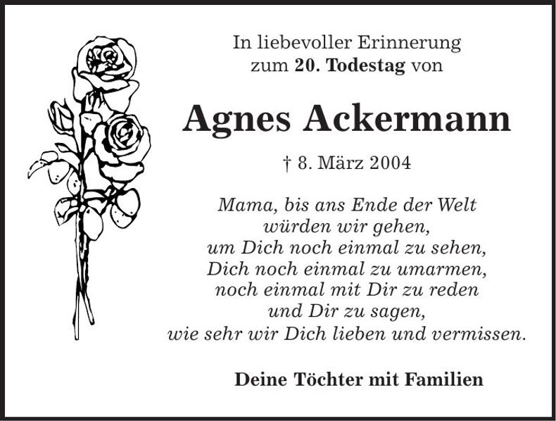 Traueranzeige Agnes Ackermann