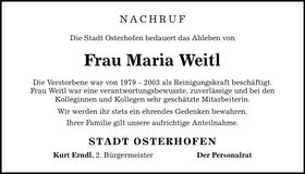 Traueranzeige Maria Weitl