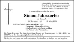 Traueranzeige Simon J Jahrstorfer