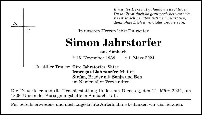 Traueranzeige Simon J Jahrstorfer