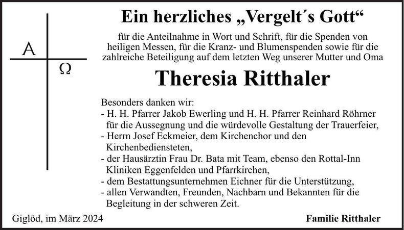 Traueranzeige Theresia Ritthaler