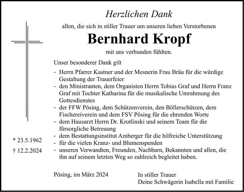 Traueranzeige Bernhard Kropf