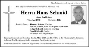 Traueranzeige Hans Schmid