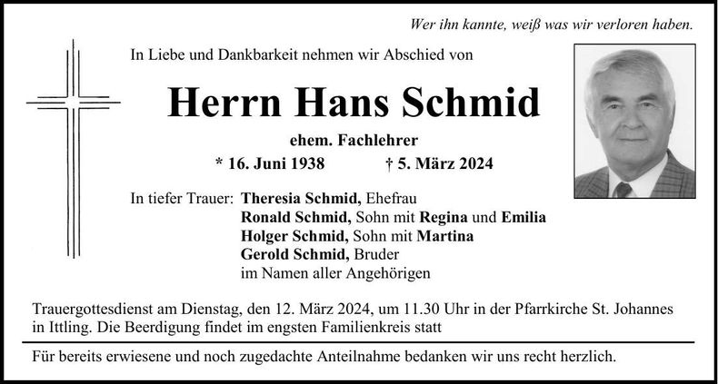 Traueranzeige Hans Schmid