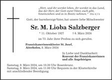 Traueranzeige Sr. M. Lioba Salzberger