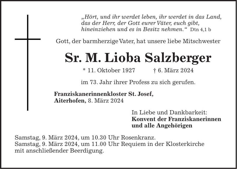 Traueranzeige Sr. M. Lioba Salzberger