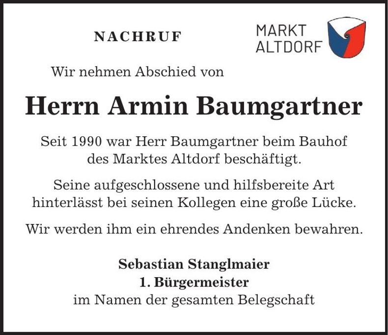 Traueranzeige Armin Baumgartner