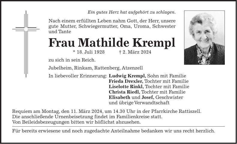Traueranzeige Mathilde Krempl