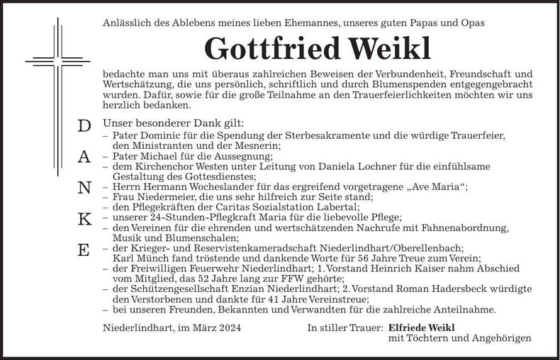 Traueranzeige Gottfried Weikl