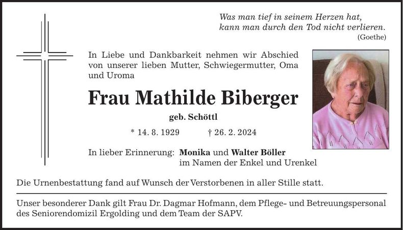 Traueranzeige Mathilde Biberger