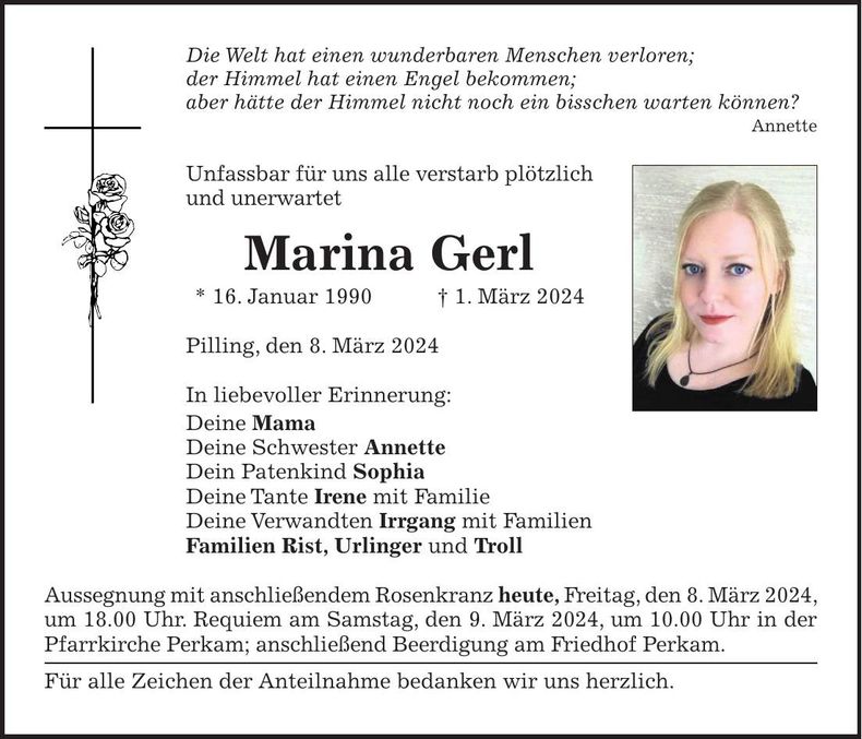 Traueranzeige Marina Gerl