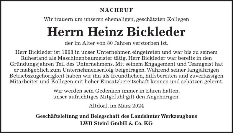 Traueranzeige Heinz Bickleder