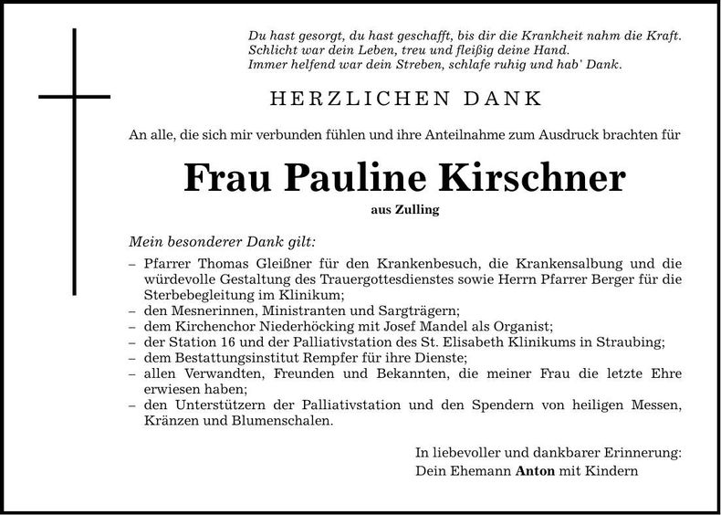 Traueranzeige Pauline Kirschner