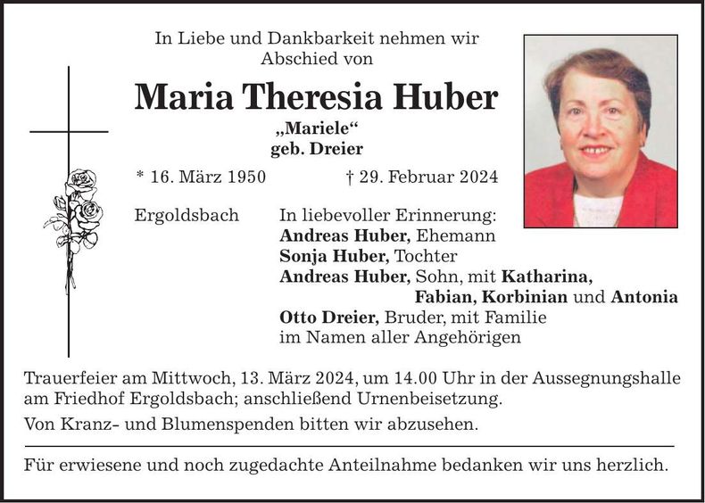 Traueranzeige Maria Theresia Huber