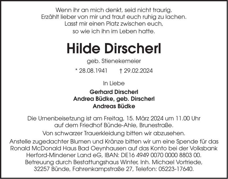 Traueranzeige Hilde Dirscherl